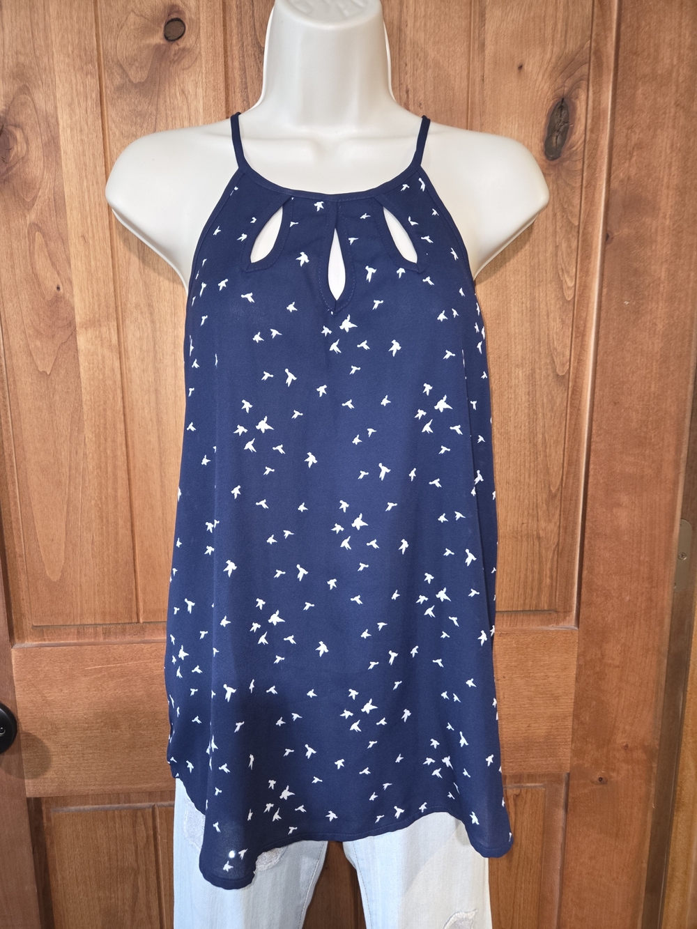 Papermoon Navy Blue Bird Print Halter Tank Top